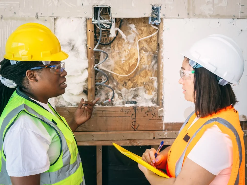 women in construction, looking at wiring and construction work, while taking notes